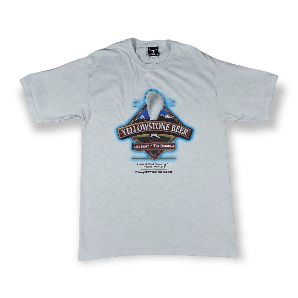 Hanes Beefy T Yellowstone Beer Graphic Crew Neck Gray Heathered T Shirt Size M